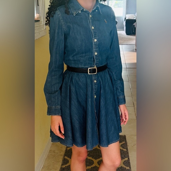 Ralph Lauren Blue Denim Long Sleeve Dress with Black Belt - Picture 1 of 17